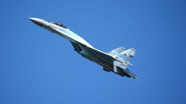 Moscow Russia Zhukovsky Airfield 31 August 2019: aerobatic Su-35 perfoming demonstration flight of the international aerospace salon MAKS-2019.