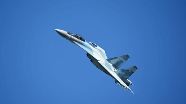 Moscow Russia Zhukovsky Airfield 31 August 2019: aerobatic Su-35 perfoming demonstration flight of the international aerospace salon MAKS-2019.