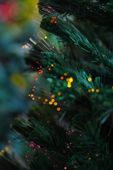 Close up of Christmas tree. Bokeh in the background. Selective focused. Defocused