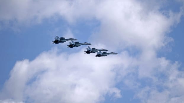 MOSCOW, RUSSIA - MAY 7, 2021: Avia parade in Moscow. jet fighter aircraft Su-35 in the sky on parade of Victory in World War II in Moscow, Russia