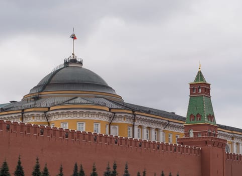 Kremlin Moscow Dome of Senate building Russian Flag tower.
