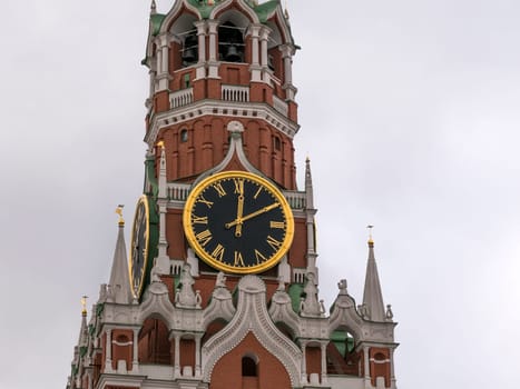 Moscow Kremlin Main Clock named Kuranti on Spasskaya Tower 12 hours . Red Square.