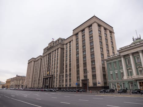 Facade of the State Duma, Parliament building of Russian Federation, landmark in central Moscow.
