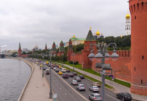 Sunny summer day moscow river bay kremlin.