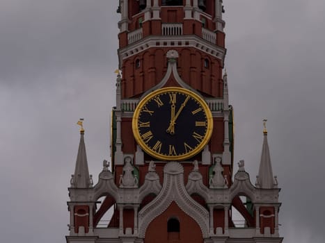 Moscow Kremlin Main Clock named Kuranti on Spasskaya Tower 12 hours . Red Square.