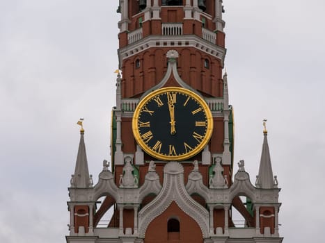 Moscow Kremlin Main Clock named Kuranti on Spasskaya Tower 12 hours . Red Square.