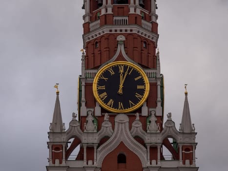 Moscow Kremlin Main Clock named Kuranti on Spasskaya Tower 12 hours . Red Square.