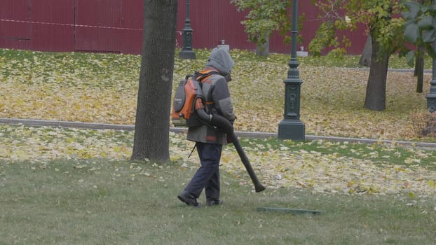 Working blows autumn leaves vacuum blower.