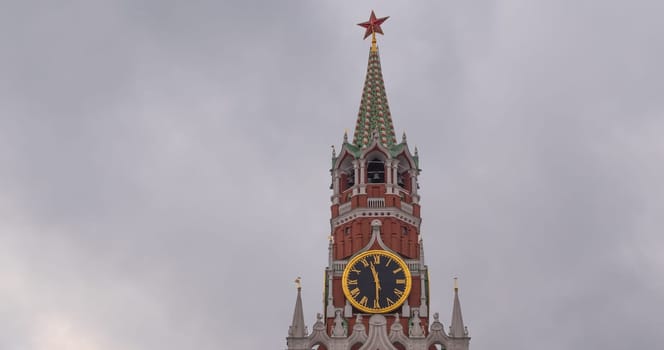 Moscow Kremlin Main Clock named Kuranti on Spasskaya Tower 12 hours . Red Square.