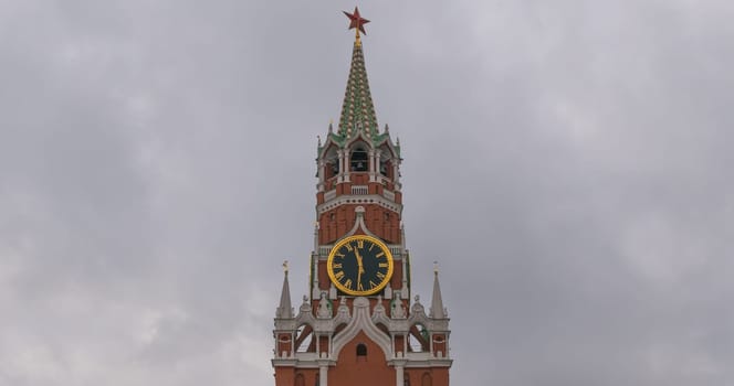 Moscow Kremlin Main Clock named Kuranti on Spasskaya Tower 12 hours . Red Square.