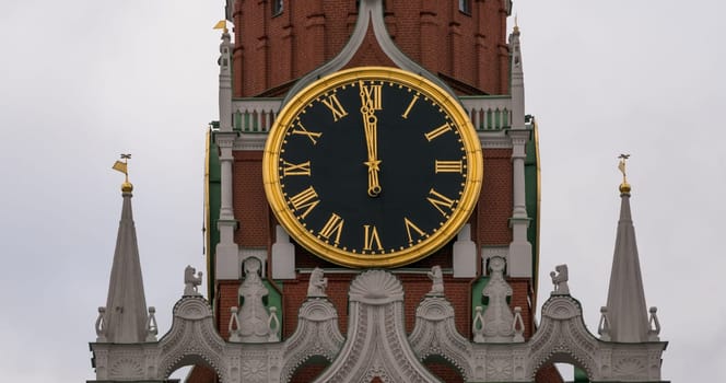 Moscow Kremlin Main Clock named Kuranti on Spasskaya Tower 12 hours . Red Square.