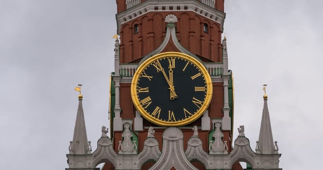 Moscow Kremlin Main Clock named Kuranti on Spasskaya Tower 12 hours . Red Square.