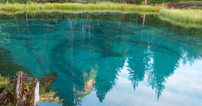 Amazing blue geyser lake in the mountains of Altai, Russia.
