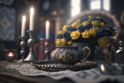 Culture of Ukraine, authenticity, uniqueness, independence and endurance. Local things, clothes, terrain. Yellow Ukrainian symbols, villages. High quality Generative AI .