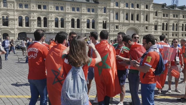 MOSCOW - JUNE 17, 2018: Soccer World Cup Fanatics with flags with their typical costumes in the streets June 17, 2018 in Moscow, Russia.