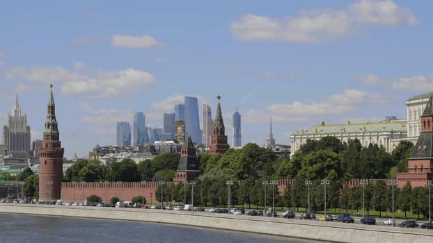 Sunny summer day moscow river bay kremlin.
