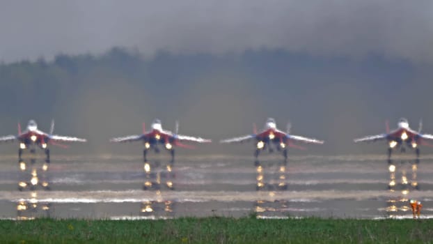 Moscow Russia Zhukovsky Airfield 25 July 2021: Aerobatic teams Russian Knights on planes Su-35 of the international aerospace salon MAKS-2021.