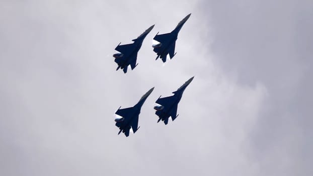Moscow Russia Zhukovsky Airfield 25 July 2021: aerobatic team swifts MiG-29 perfoming demonstration flight of the international aerospace salon MAKS-2021.