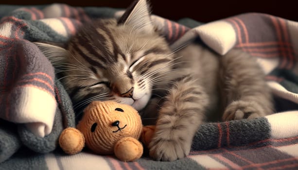 A kitten sleeping with a teddy bear. High quality photo