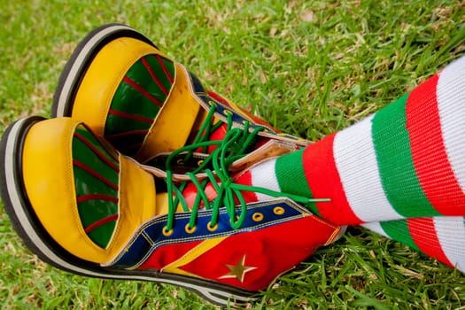 closeup of two boots of a clown on the grass of a park. colors are green, white, red, yellow