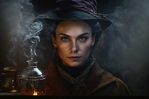 Witch with making witchcraft, magic spells, hat conjuring. Spooky dark magic forest . Magician. Wide Halloween party art design. Terrifying scary personage, beautiful sorceress.