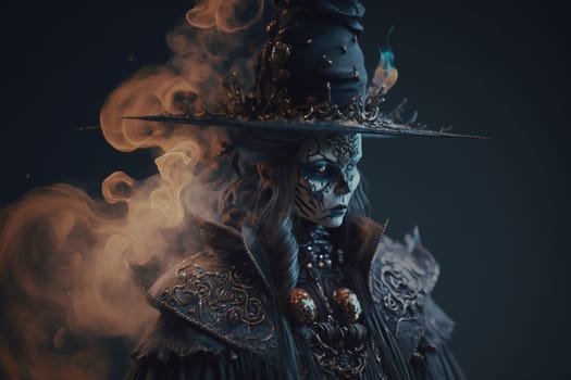 Witch with making witchcraft, magic spells, hat conjuring. Spooky dark magic forest . Magician. Wide Halloween party art design. Terrifying scary personage, beautiful sorceress.