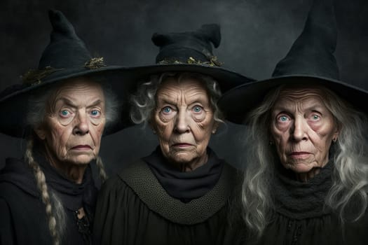 Witch with making witchcraft, magic spells, hat conjuring. Spooky dark magic forest . Magician. Wide Halloween party art design. Terrifying scary personage, beautiful sorceress.