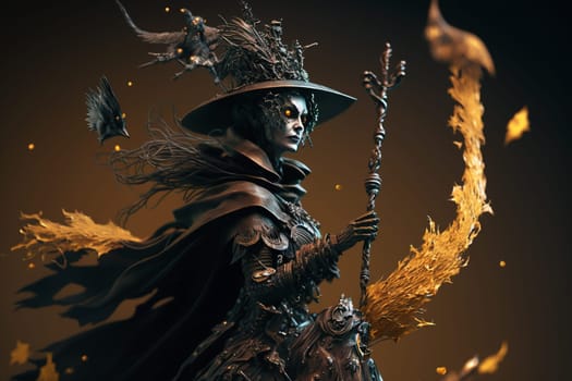 Witch with making witchcraft, magic spells, hat conjuring. Spooky dark magic forest . Magician. Wide Halloween party art design. Terrifying scary personage, beautiful sorceress.