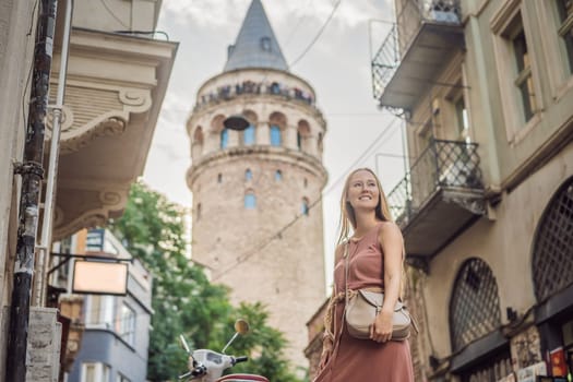 Portrait of beautiful woman tourist with view of Galata tower in Beyoglu, Istanbul, Turkey. Turkiye.