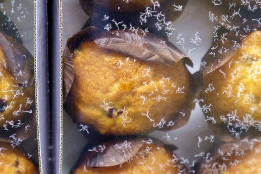 Frozen food Muffin Rolls on a shelf of a home freezer, long life food storage concept. Selective focus