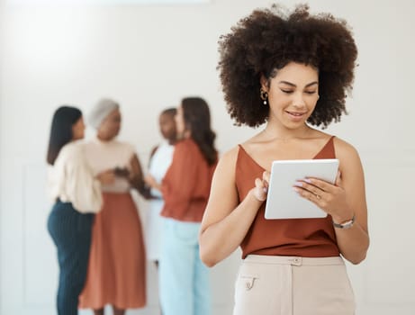 Black woman, tablet and business leader typing email for communication, internet and network connection. Happy female entrepreneur working on mobile app for social media, leadership report or search.