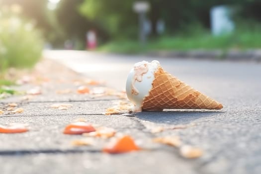 Melting ice cream cone drop upside down on the street in summer day. Selective focus, Soft focus.