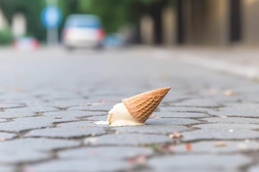 Melting ice cream cone drop upside down on the street in summer day. Selective focus, Soft focus.