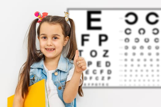 concept vision testing. child girl with eyeglasses at the doctor ophthalmologist