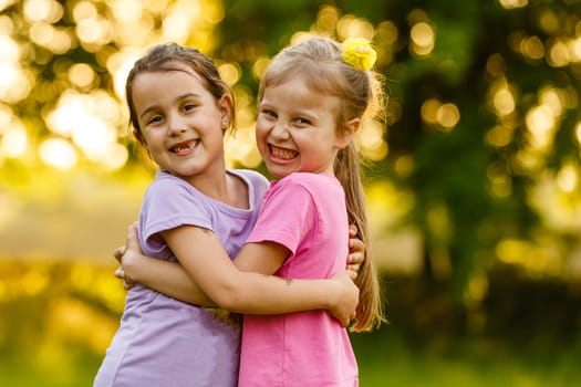Two happy little sisters on the field