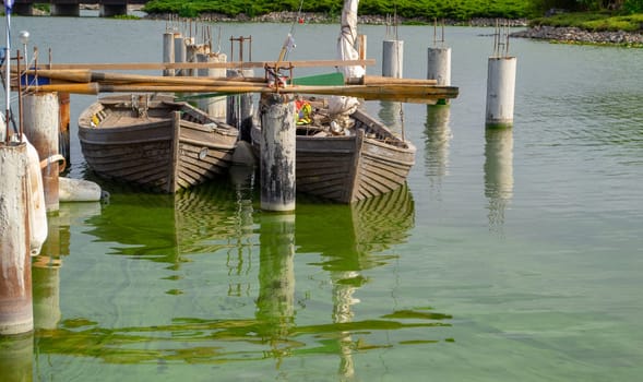 old wooden boats at the pier on green blooming water. High quality photo