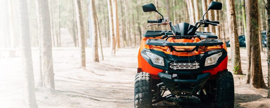 An ATV adventure through the forest at sunset, with nobody around and the red trees in the background, close up Extreme recreation activity concept