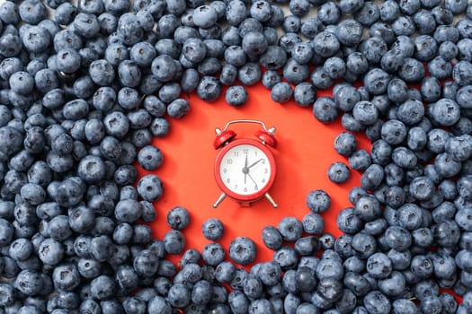 Time for seasonal berries and vitamins for a snack, breakfast, clock.