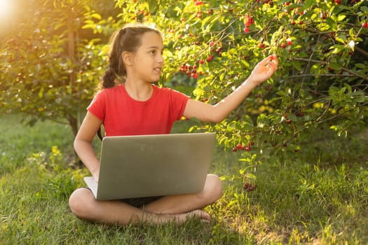 little girl usng laptop in a summer garden.