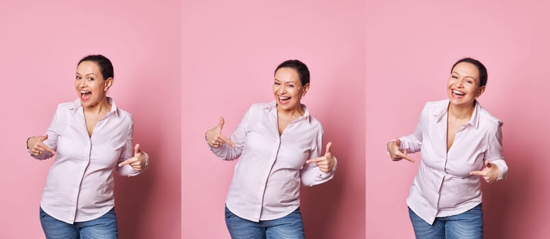 Photo collage of emotional portrait on pink background of lovely pregnant woman, expressing happiness and excitement feeling first baby kicks, pointing fingers at her tummy, smiling looking at camera