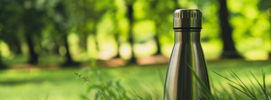 Water bottle. Reusable steel thermo water bottle on green grass. Sustainable lifestyle. Plastic free zero waste free living. Go green Environment protection. Health-conscious. Steel thermo water bottle of silver on background of blurred grass. Banner size