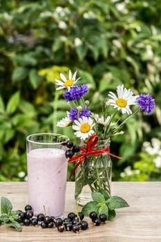 Glass of delicious currant yogurt with fresh berries and leaves of mint, chamomile and cornflowers in vase on a wooden table with green blurred natural background. Close up selective focus