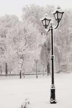 Vintage black street lamppost with two lamps and trees covered with snow on the background