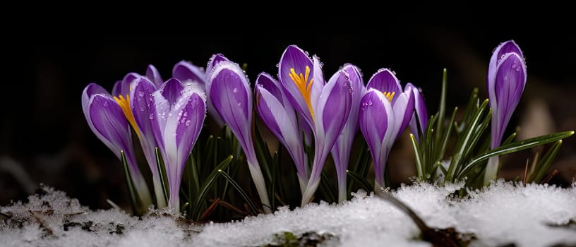 Crocuses flowers are blooming purple and making their way from under the snow in early spring, closeup as a background banner