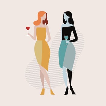 Two beautiful women friends drinking wine. Girls celebration together. Female friendship. Vector. Pastel trendy colors. For postcard, poster, banner