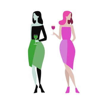 Two beautiful women friends drinking wine. Girls celebration together. Female friendship. Vector Illustration. Isolated on white background