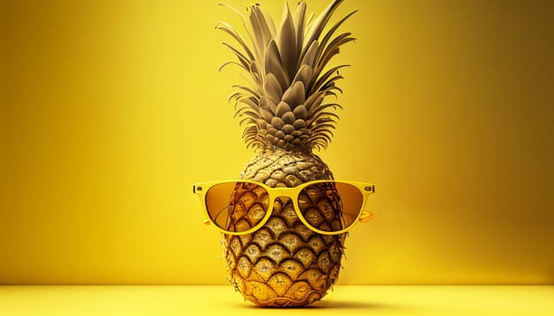 Pineapple with sunglasses on yellow background. Juicy fruit. Monochrome yellow. Summer mood