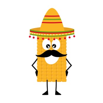 Vector mascot, cartoon and illustration of a mustache corn wearing sombrero. Traditional Mexican Cuisine. Cartoon on white