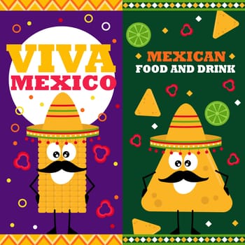 Cartoon mexican food. Vertical vector banners with cheerful characters in sombretro, with mustache. Promo vector illustration. Mexican restaurant.