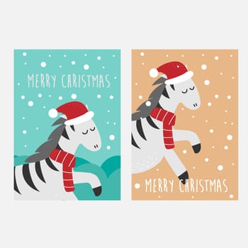 Christmas cards with cute little zebra, funny winter animals, cartoon character, winter greeting design. Set of two cards